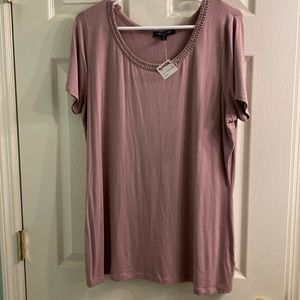 NEW beaded neckline dusty rose pink 26” long torso 1X women tee top Elena Solano